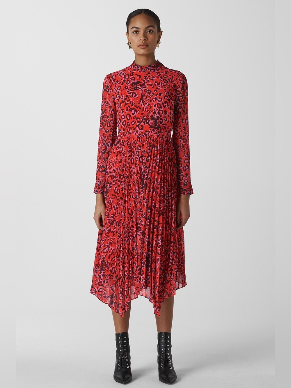 Whistles Red Leopard Jungle Cat Print Pleated Long Sleeve Midi Dress Size 8